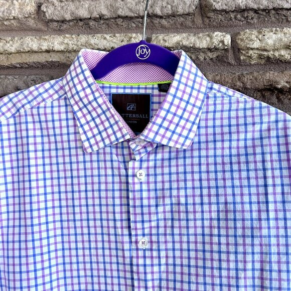 Tattersall London Pink Blue Plaid Check Spread Collar Dress Shirt Size 17 34/35 - Picture 7 of 9